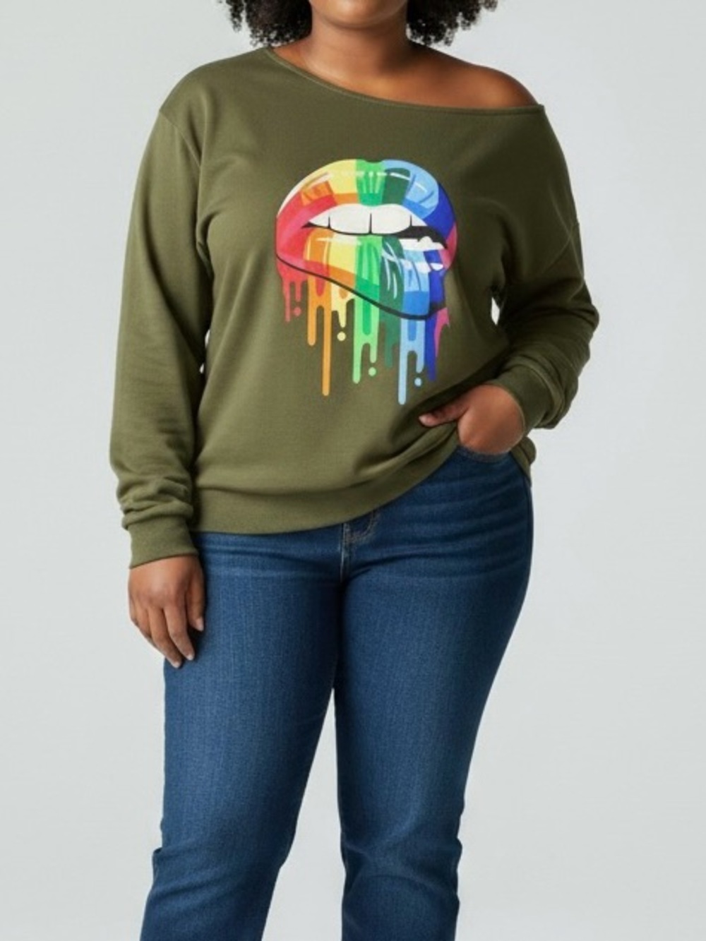 MAGICMK Olive Green Off-the-Shoulder Dripping Rainbow Lips Sweatshirt -5XL